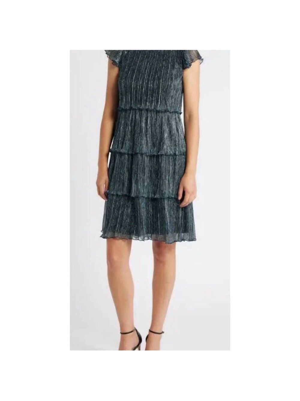 Vince Camuto Slate Green Metallic Tiered Ruffle Midi Dress Size 14
